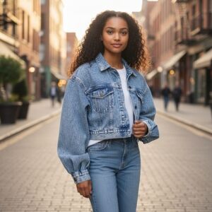 Vintage Denim Jacket Women Size Medium 1980 Crop Stone Wash Blue Balloon Sleeve